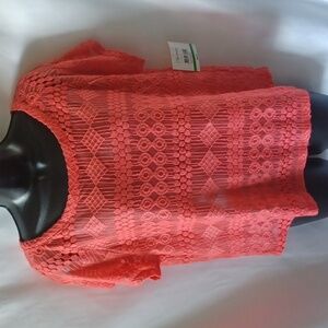 Relativity Size PL  Coral lace semi-sheer top,  cap sleeve
